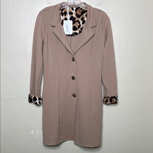 CELESTE Tan Duster Blazer Leopard Print Details Single Breasted Pockets Small